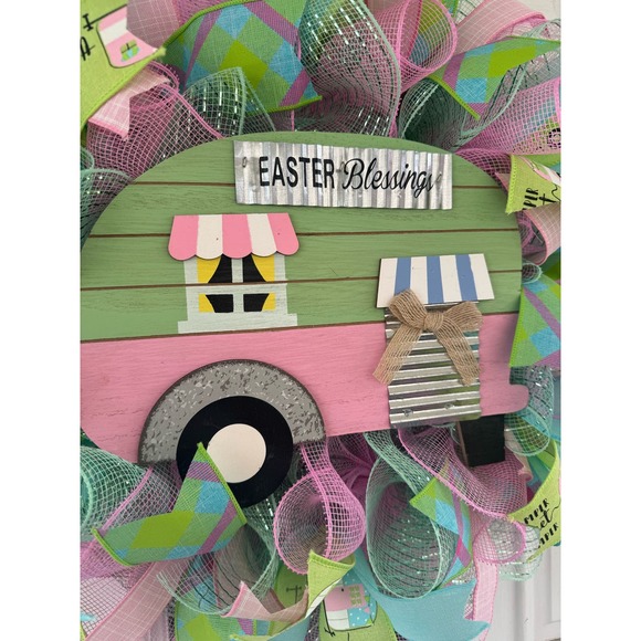 Pink Mint Green Camper Mesh Ribbon Easter & Spring Wreath Front Door Hanger xxx - Picture 2 of 10